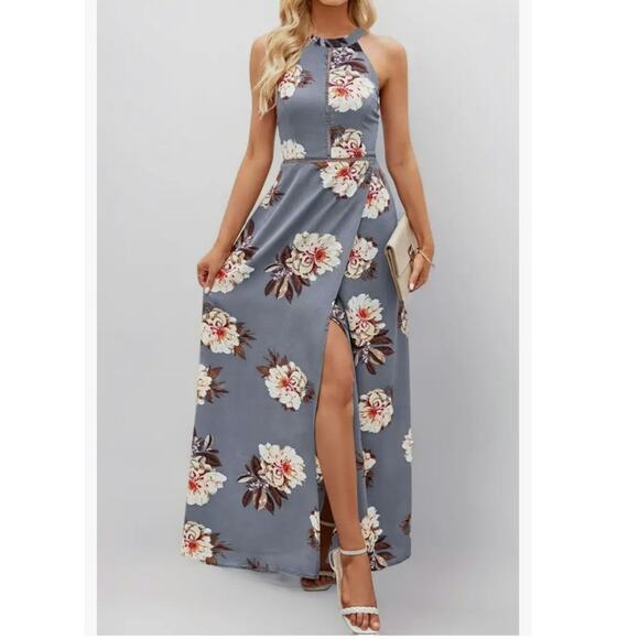 Zesica Maxi Dress Sz M Halter Neck Floral Backless Split Beach Party Grey Boho - Picture 2 of 10